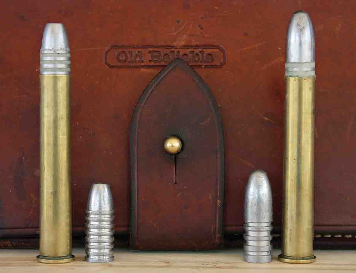 The Farmingdale .45-110 Sharps has about a half inch of freebore, which requires bullets to be seated out further than normal. At left is Harvey’s hunting load using Lyman’s 457121 bullet and tallow lube, on the right the long-range load using a Paul Jones 550-grain bullet and SPG Lube.